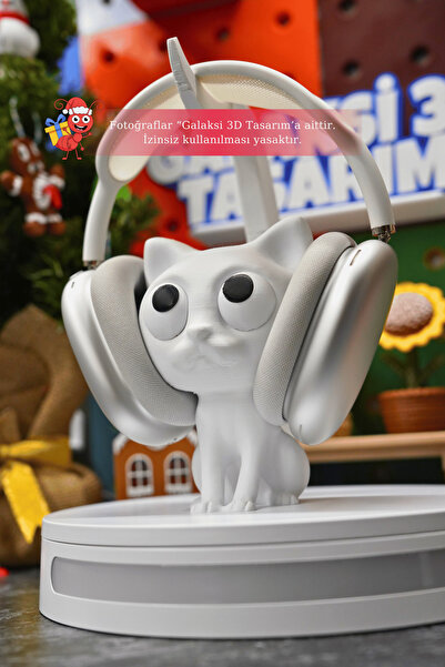 Galaksi 3D Kedi Tasarım Kulaklık Standı Beyaz