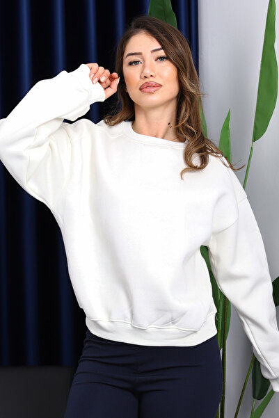 İmajButik Ecru Basic Three Thread Sweatshirt with Shoulder Detail