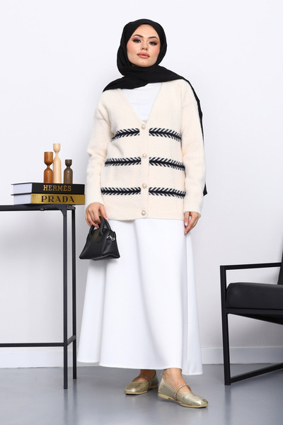 İmajButik Κρεμ ζακέτα με λαιμόκοψη σε σχήμα V Angora Yumoş