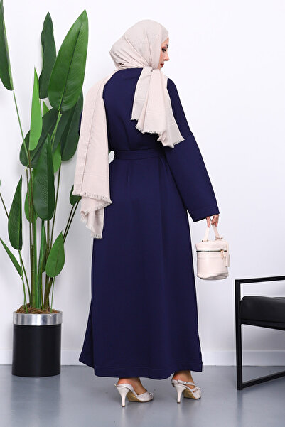 İmajButik Navy Blue Belted Three Thread Dress