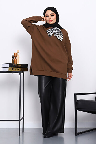 İmajButik Light Brown Tunic with Scarf Detail on the Collar
