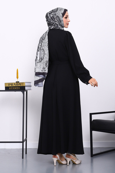 İmajButik Μαύρο φόρεμα με ζώνη στη μέση