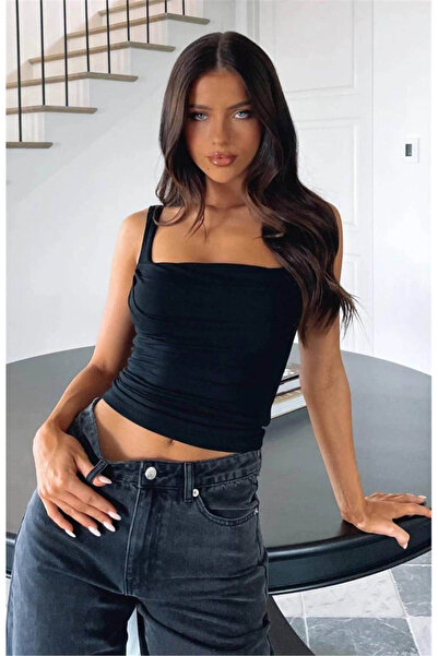 MetuCA Kadın Beyaz Kare Yaka Önü Büzgülü Vücudu Saran U Yaka Sırt Dekolteli Esnek Crop Bluz