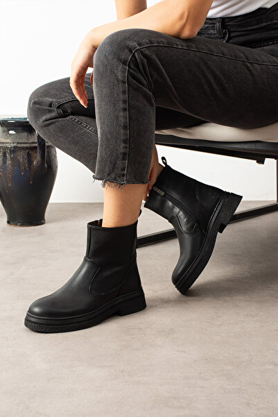 KOTAN Women's Black Flat Sole Zippered Short Boots |   Non-Slip Sole Daily Winter Boots