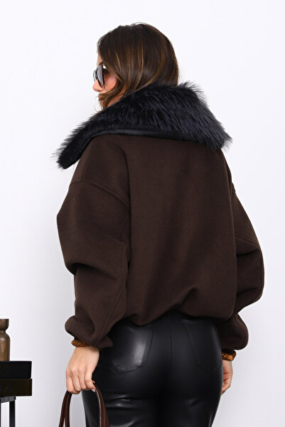 İmajButik Brown Collar Fur Oversized Bomber Cashmere Jacket