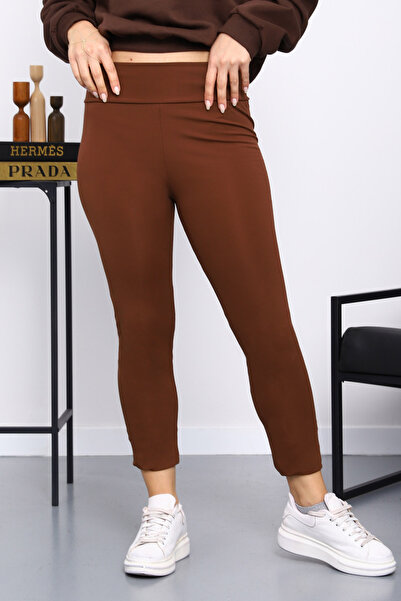 İmajButik Brown High Waist Fleece-Lined Diver Leggings