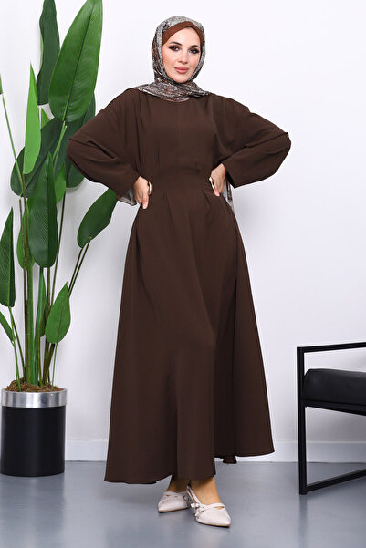 İmajButik Καφέ Φόρεμα με Πλισέ Στρίφωμα στη μέση