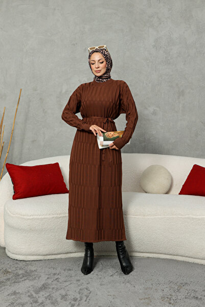 NEW DAĞ Knitwear Patterned Belted Hijab Dress