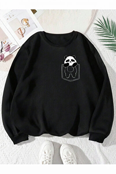 one button Hanorac unisex cu imprimeu Panda, cu gâtul rotund, 100% bumbac