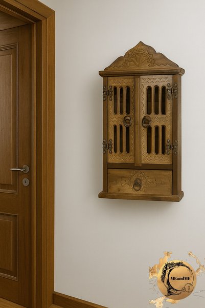 meandme Hand Carved Wooden Key Holder Cabinet |   Wall Mounted with Doors & Drawers