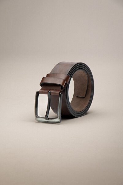 ZEKİ ÖZER Men's Brown Faux Leather Belt 4.5 cm