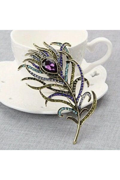 Durush Collection ALTIN RENGİ TAVUSKUŞU TÜYÜ BROŞ