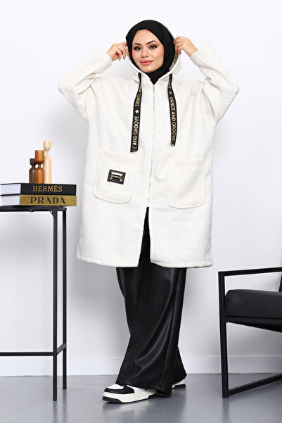 İmajButik Ecru Hooded Boucle Coat with Pocket Detail