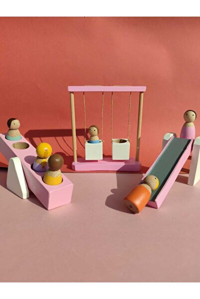 6lı Peg Bebekli Ahşap Park Seti Oyuncak Pembe Seri