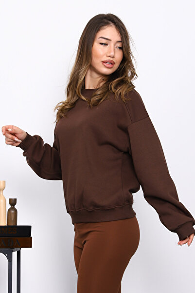 İmajButik Brown Basic Three Thread Sweatshirt with Shoulder Detail