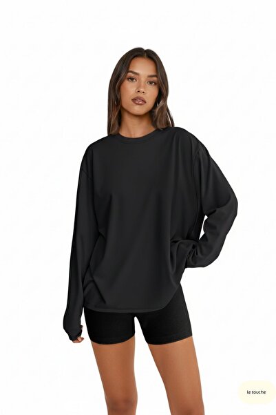 Le Touche Kadın Lacivert Relax Fit Rahat Kesim %100 Pamuk Uzun Kollu Bisiklet Yaka Basic Tişört