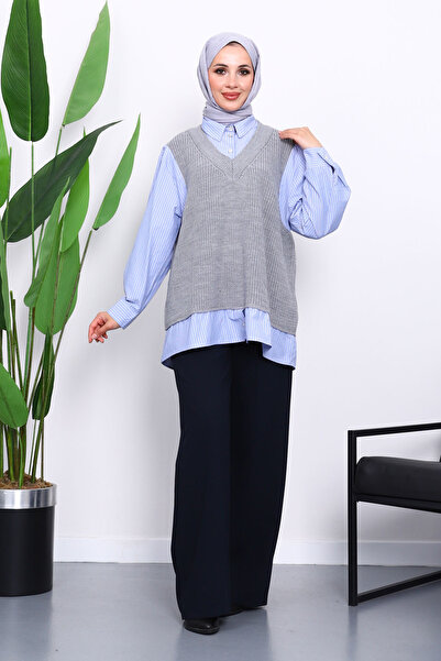 İmajButik Γκρι πλεκτό πουκάμισο συνδυασμός υφασμάτων