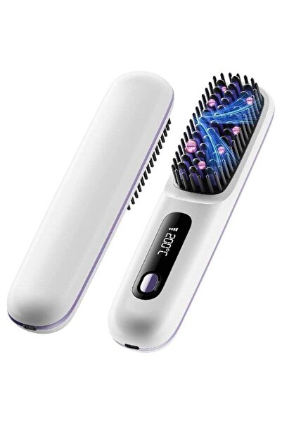 HYX Cordless Rechargeable Anion Hair Straightener Brush, 3 Temp Settings (White)