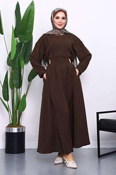 İmajButik Καφέ Φόρεμα με Πλισέ Στρίφωμα στη μέση