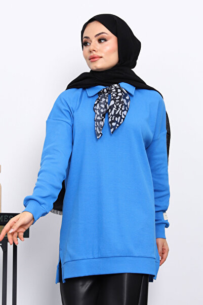İmajButik Cobalt Blue Scarf Detailed Collar Tunic