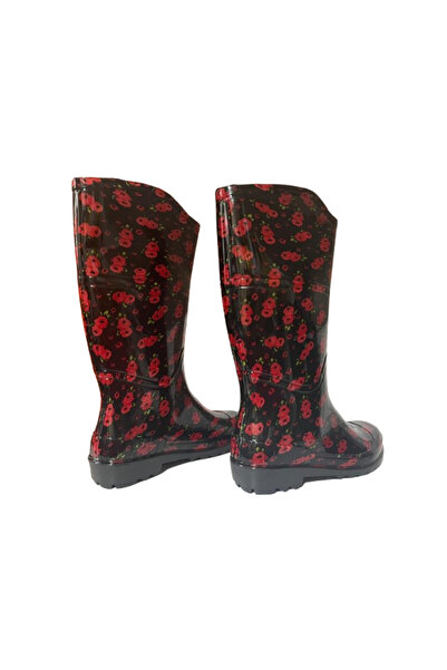 Emek Γυναικείες μπότες βροχής κήπου μήκους 35 εκ. με κόκκινο μαύρο λουλουδάτο σχέδιο EMKK309-210