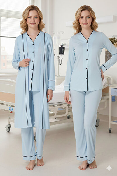 BLACKMORE Women's Blue Buttoned Front Cotton Full Length Dressing Gown Maternity Pregnant 3-Piece Pajama Set