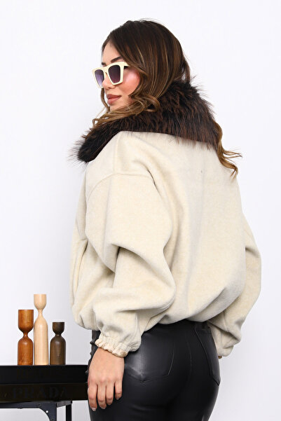 İmajButik Stone Collar Fur Oversized Bomber Cashmere Jacket