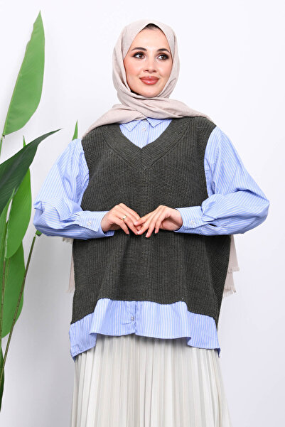 İmajButik Πουκάμισο Χακί Τρικοτόπλεκτο συνδυασμός υφασμάτων