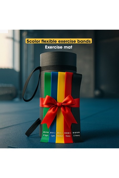 Primo Plus 5-piece exercise resistance band set with an anti-tear exercise mat and carrying strap for workouts