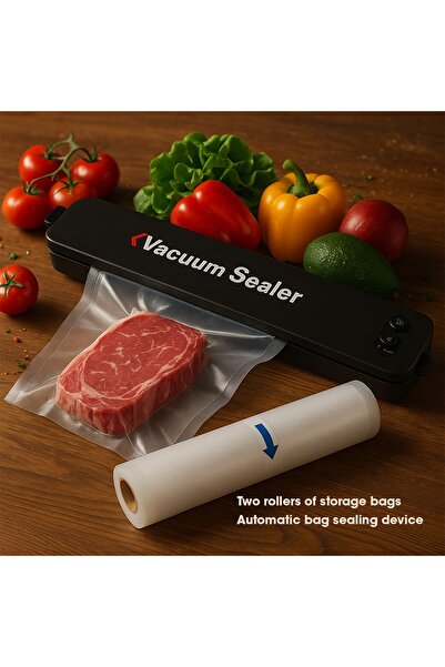Primo Plus Vacuum food preservation machine with 2-piece multifunctional vacuum sealing bags for storage.