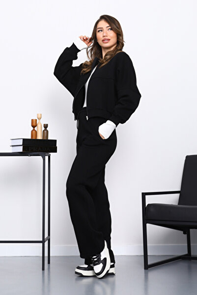 İmajButik Black Three Thread Sweat Cardigan Trouser Set