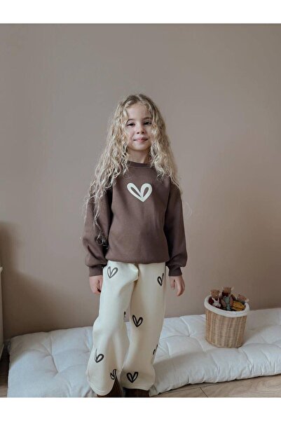 YİGİT BUTİK Kalp Printed Wide Leg Girls' Top and Bottom Set