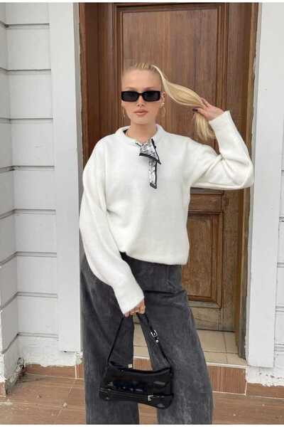 METLAM TEKSTİL Women's Scarf Collar Crew Neck Single Plate Knitwear Sweater