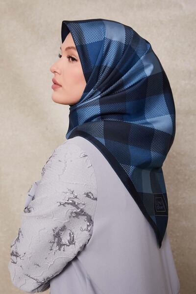 Levidor Navy Blue Dotted Checkered Print Twill Silk Scarf-0934