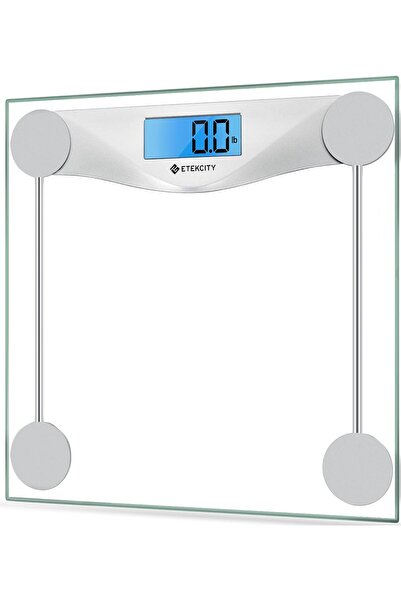 ETEKCITY Digital Bathroom Scale — Large Blue Backlit LCD, 6mm Tempered Glass, 400 lb, Silver