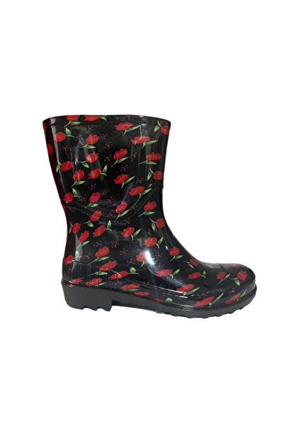 Emek Women's Red-Black Tulip Patterned 23 cm Short Garden Rain Boots