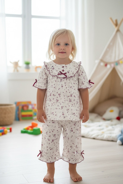 Ladnie iç giyim Çocuk pijama takımı fırfırlı fiyonk detaylı