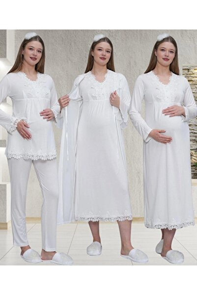 Lohusa Homewear Women's Ecru Stylish Design Lace Detailed Long Sleeve Dressing Gown, Nightgown, Pajama Set 4-Piece Set