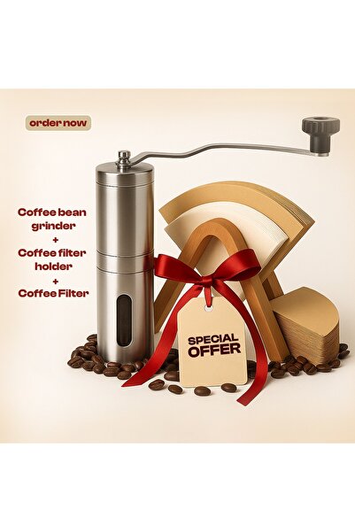 Primo Plus Manual coffee grinder with beige 17.6×7.9×11.6 cm filter holder and 100-piece coffee paper filters.