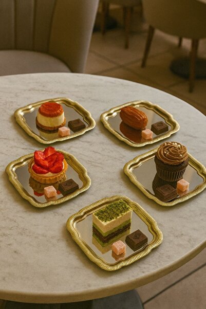 GLORİNDA HOME LÜX 6'LI GOLD KENARLI GÜMÜŞ PAPATYA DESENLİ ÇAY,KAHVE,MEYVE VE SUNUMLUK TEPSİ