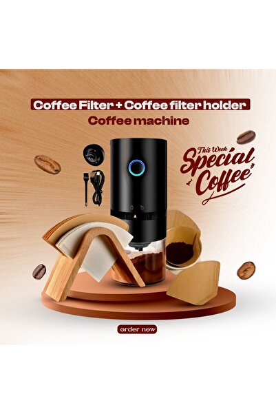 Primo Plus coffee grinder with beige 17.6×7.9×11.6 cm filter holder and 100-piece coffee paper filters.