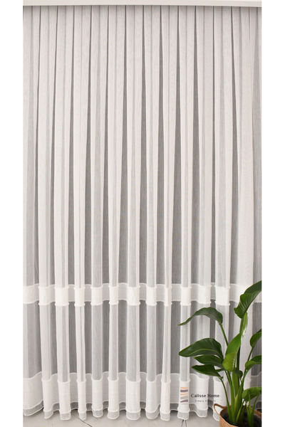 Calisse Home Ekru bambu eteği kesmeli şeritli püsküllü tül perde Gramajlı 1/3...