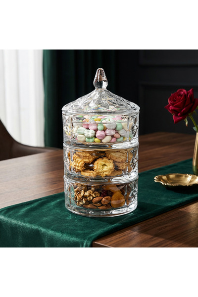 ASSA BAZAAR 3 Katlı Kristal Cam Şekerlik Lokumluk ve Çerezlik Sunum Kulesi 3 Katlı