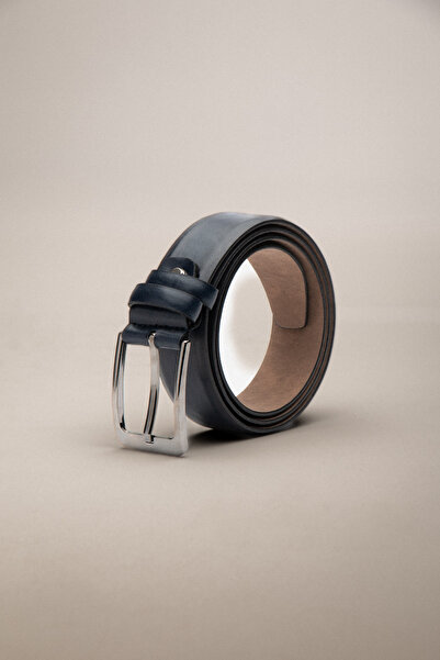 ZEKİ ÖZER Men's Navy Blue Faux Leather Belt 3.5 cm