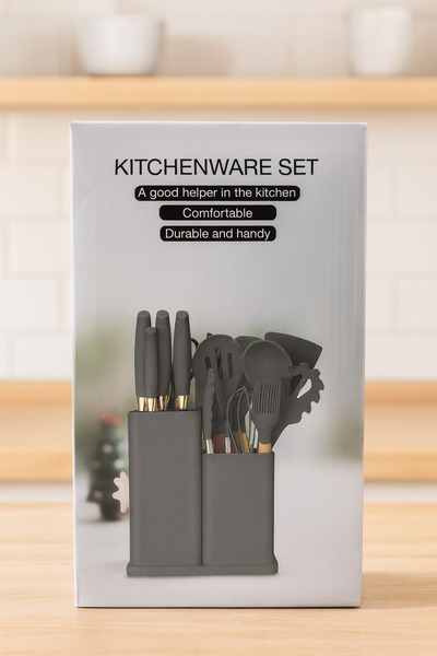 OEM Silicone Kitchen Utensil Set with Wooden Handles 18 Pieces and Stand