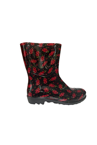 Emek Women's Black-Red 23 cm Floral Patterned Short Garden Rain Boots Emkk809-420