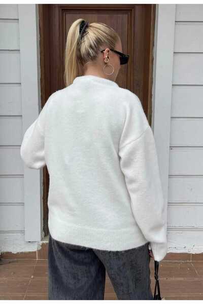 METLAM TEKSTİL Women's Scarf Collar Crew Neck Single Plate Knitwear Sweater