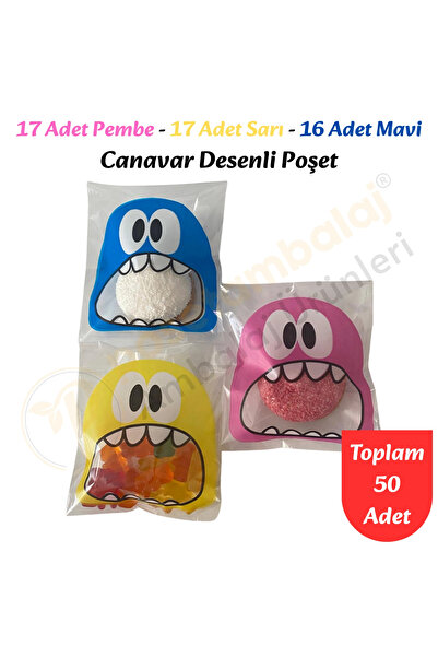 CarpCorn 50 Adet Pembe-Sarı-Mavi Renkli Canavar Desenli Cake Pop & Kurabiye P...