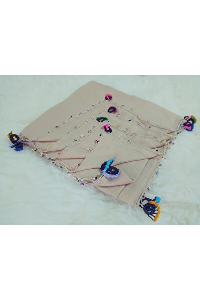 hoaryage bumbac 100% Ezgi Eșarfă cu model floral și scris croșetat cu mărgele...