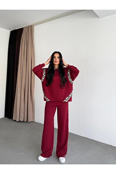 Bak'ap Premium Leopard Print Detailed Wide Leg Pants-Sweatshirt Tracksuit Set